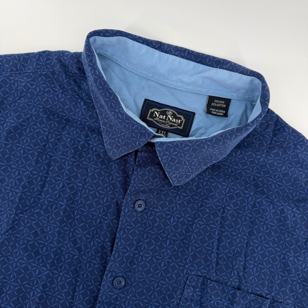 Nat Nast Button Down Shirt Mens XXL Blue Silk Cotton Geometric Short Sleeve